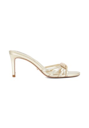 Gold high-heeled sandal with open toes, thin straps, and a decorative jewel accent on the upper front strap.