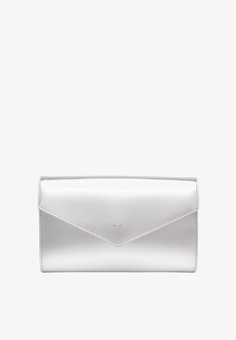 Silver metallic clutch purse with an envelope design, smooth texture, and embossed logo. Features a flap closure and clean, simple lines.