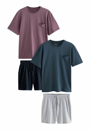 Two t-shirts and two pairs of shorts. T-shirt colors: mauve and dark teal, both with a pocket. Shorts: navy and light gray, with an elastic waistband.