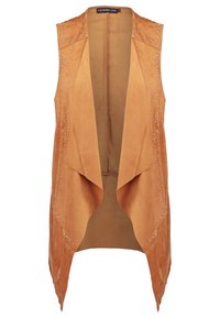 Hn�ědá semišová vesta bez rukávů s řaseným předním dílem, ozdobená cvočky na ramenou a volným střihem. Hladká textura s pohodlným střihem.