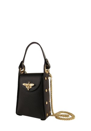 Black leather handbag with a structured shape, featuring a gold bee detail on the flap, gold studs, and a chain strap.