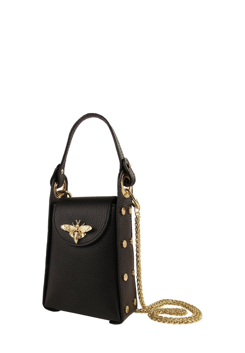 Black leather handbag with a structured shape, featuring a gold bee detail on the flap, gold studs, and a chain strap.