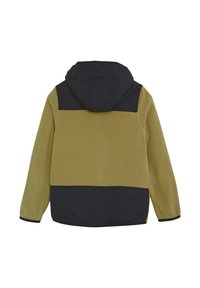 Hooded jacka med en delad design i olivgrön och marinblå. Mjuk textur, elastiska ärmslut och midja för en bra passform.