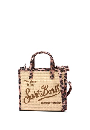 Geweven strohandtas met luipaardprintbies en handvaten, geborduurd met "The place to be Saint Barth Summer Paradise."