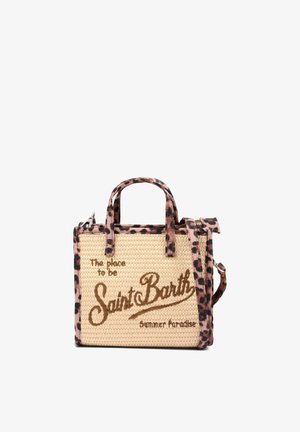 Geweven strohandtas met luipaardprintbies en handvaten, geborduurd met "The place to be Saint Barth Summer Paradise."