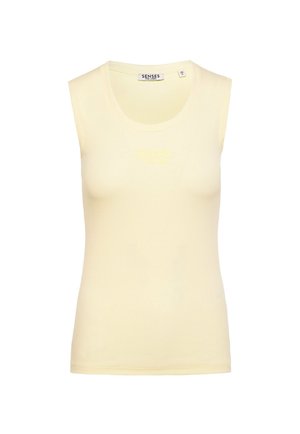 Ärmelloses, hellgelbes Tanktop mit Rippenstruktur, rundem Ausschnitt und kleinem Logo-Schriftzug vorne, Größe Medium, von der Marke Senses The Label.