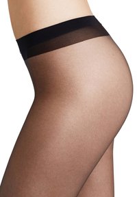 Transparente svarte strømpebukser med matt finish og bred, elastisk midje. Stoffet er glatt og litt gjennomsiktig med en subtil tekstur.