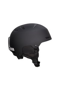 Czarny kask narciarski o matowym wykończeniu, z kanałami wentylacyjnymi, regulowanym paskiem na brodę oraz wyściełanym wnętrzem dla komfortu i bezpieczeństwa.