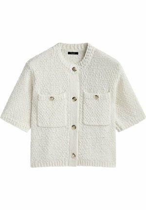 Witte gebreide cardigan met korte mouwen, ronde hals, vijf metalen knopen aan de voorkant en twee opgestikte borstzakken met knoopsluitingen.