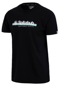 Black cotton t-shirt featuring a round neckline, short sleeves, and a front print in white and light blue that reads "Spitzbub Sportswear Edition."