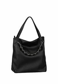 Sac cabas en cuir noir avec deux anses, orné d'un détail en chaîne argentée sur le devant, posé sur un fond blanc.