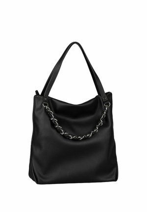 Sac cabas en cuir noir avec deux anses, orné d'un détail en chaîne argentée sur le devant, posé sur un fond blanc.