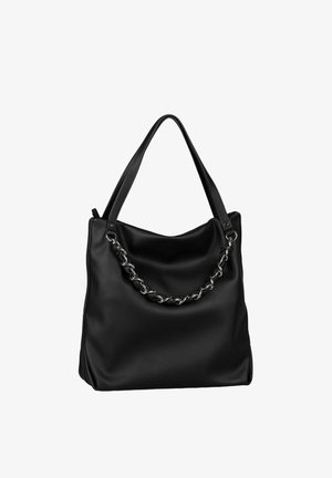 Sac cabas en cuir noir avec deux anses, orné d'un détail en chaîne argentée sur le devant, posé sur un fond blanc.