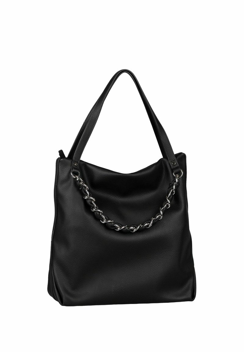 Sac cabas en cuir noir avec deux anses, orné d'un détail en chaîne argentée sur le devant, posé sur un fond blanc.