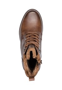 Bottines en cuir marron avec bout rond, lacets texturés et doublure en fourrure douce. Comprend une fermeture éclair sur le côté pour un enfilage facile.