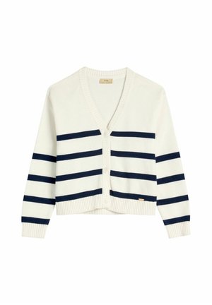 Biały krótki kardigan z granatowymi poziomymi paskami, dekoltem w serek, długimi rękawami i guzikami z przodu.