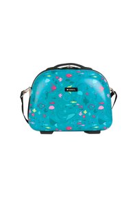 Hartschalen-Reisetasche in Türkis mit bunten aquatischen Grafiken. Sie verfügt über einen oberen Griff und einen verstellbaren Schultergurt.
