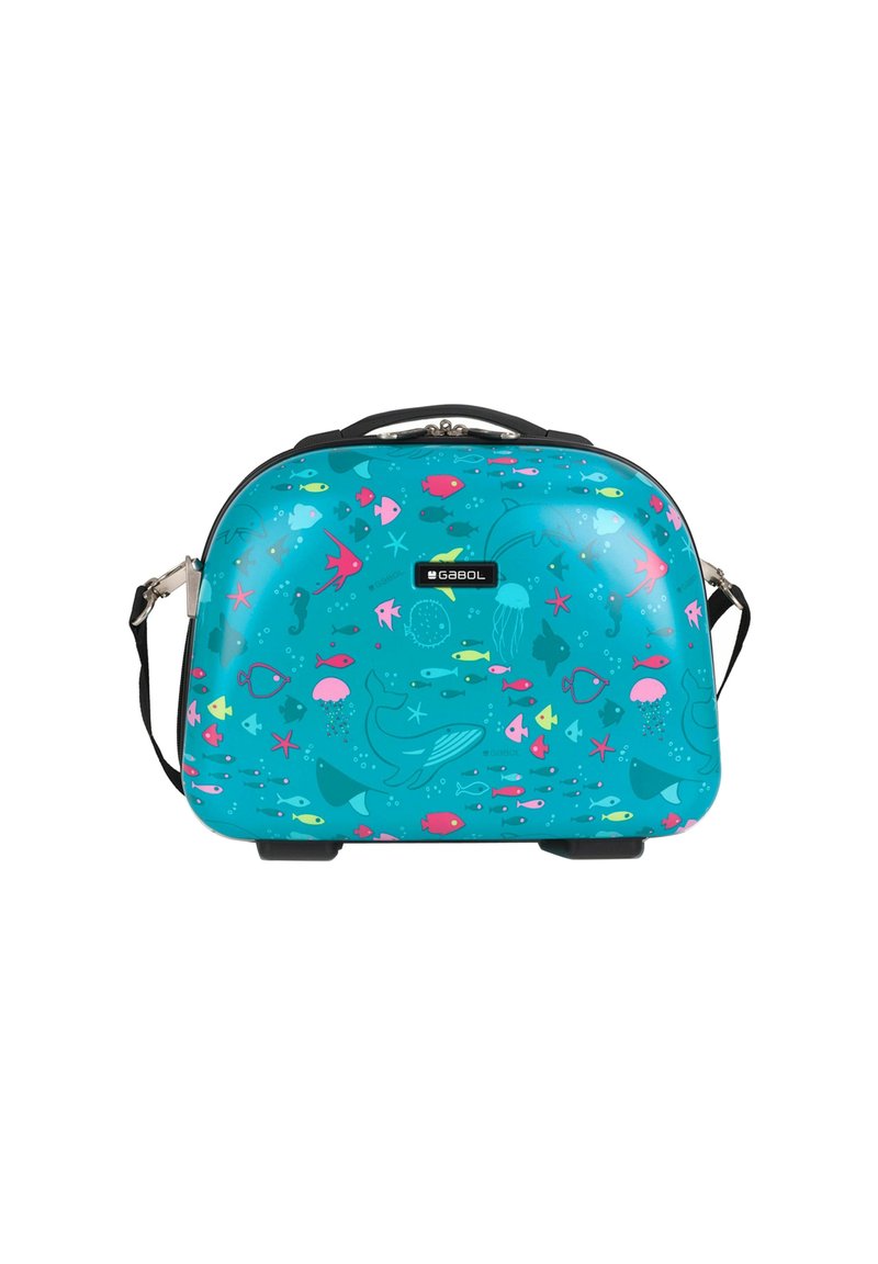 Hartschalen-Reisetasche in Türkis mit bunten aquatischen Grafiken. Sie verfügt über einen oberen Griff und einen verstellbaren Schultergurt.