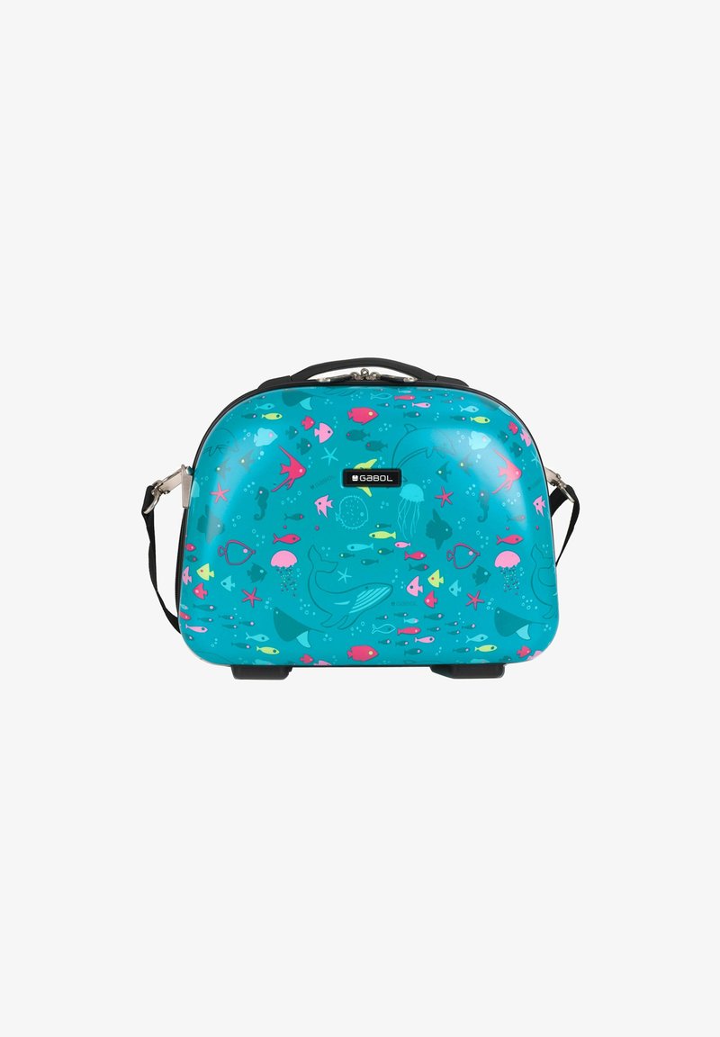 Harde reistas in turquoise, met kleurrijke watergraphics. Inclusief een handvat aan de bovenkant en een verstelbare schouderriem.