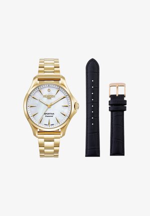 Montre-bracelet Gold Roamer Sportiva en or avec cadran en nacre et diamant, associée à deux bracelets en cuir noir interchangeables avec boucle en or rose.