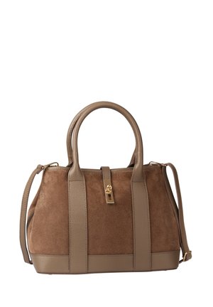 Brown suede and leather handbag with dual top handles, adjustable shoulder strap, and gold-tone clasp detail on front.