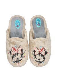 Zapatillas de casa de color beige con la cara de Minnie Mouse en estilo boceto y un lazo de lunares rojos, decoradas con pequeños garabatos coloridos de corazones y estrellas.