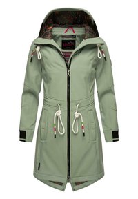 Giacca verde chiaro con cappuccio, dotata di chiusura con zip, vita regolabile con cordino e foderatura interna a fantasia. Include dettagli neri.