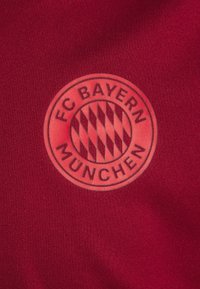Un tejido rojo presenta un logo circular del FC Bayern München, que incluye franjas horizontales y el texto "FC BAYERN MUNCHEN" alrededor.