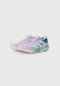 Light purple athletic shoes with a mesh upper, three white stripes, and a multicolored gradient sole featuring pink, green, and blue accents.