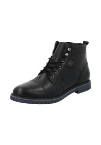 Zwarte leren enkellaarsjes met een afgeronde neus, veterluiting en metalen oogjes. Voorzien van een blauwe rubberen zool en een reliëflogo aan de zijkant.