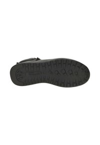 Semelle de chaussure noire avec surface en caoutchouc texturé, présentant un motif de carrés et de rectangles pour une meilleure adhérence. Logo estampé présent.