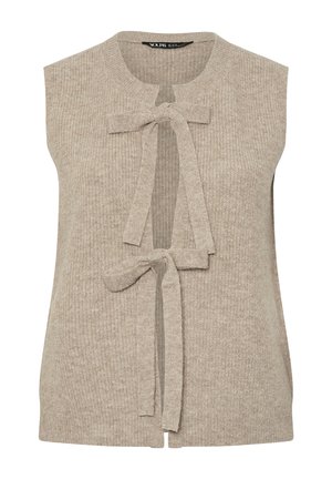Ärmellose, beigefarbene, gerippte Strickweste mit zwei vorderen Stoffbändchen zum Zubinden und einem Rundhalsausschnitt.