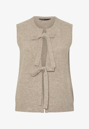Ärmellose, beigefarbene, gerippte Strickweste mit zwei vorderen Stoffbändchen zum Zubinden und einem Rundhalsausschnitt.
