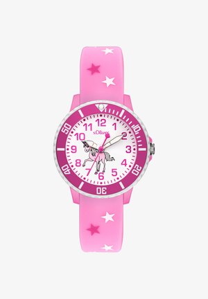 Rosa Silikon-Uhr mit Einhorn-Grafik, weißem Zifferblatt, rosa und silbernen Akzenten sowie Sternmustern am Armband. Zahlen sind in Rosa markiert.