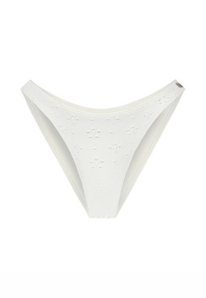 Bílé bikiny s jemným květinovým embosováním, hladkým povrchem a vysokým střihem. Obsahují elastický pas pro pohodlné nošení.