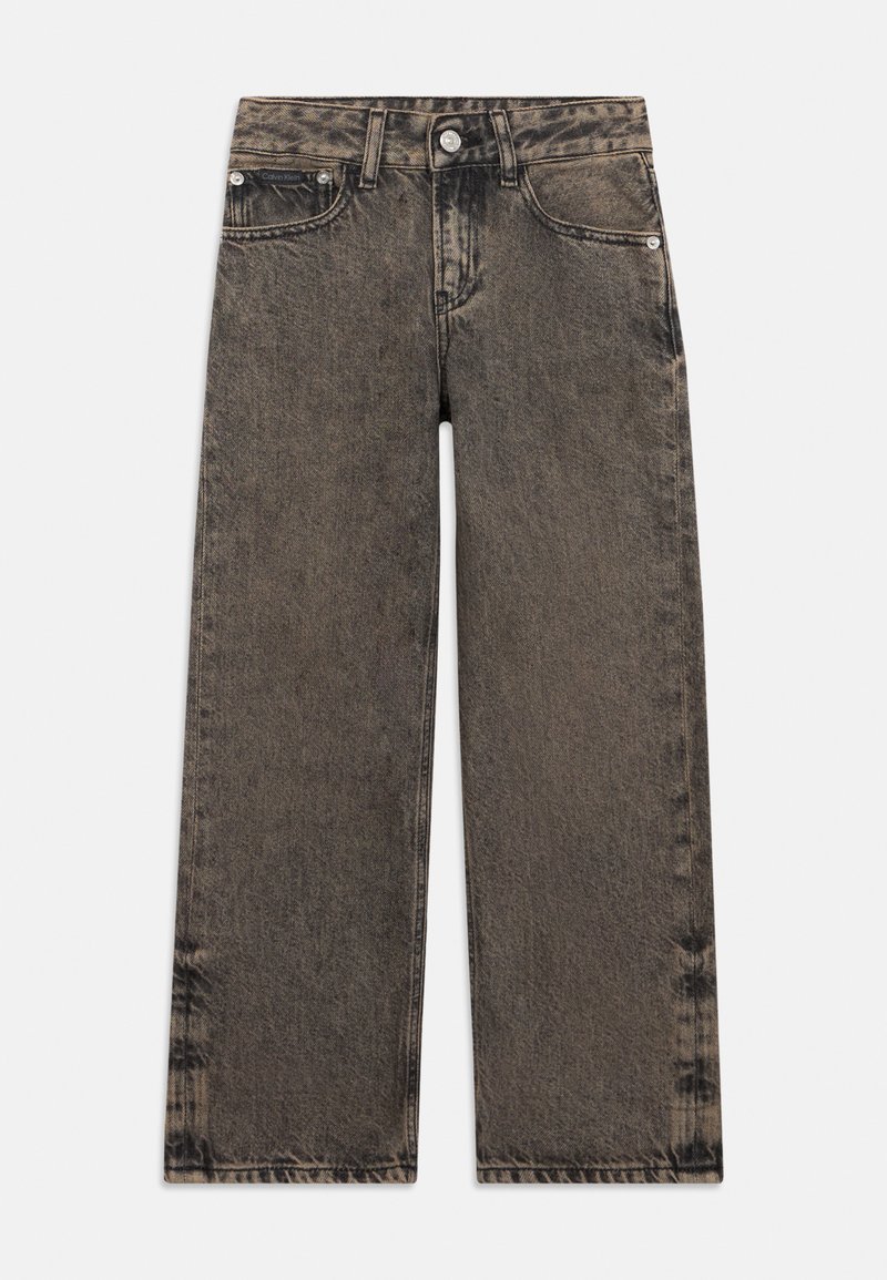 Augstu vidukli, platām kājām džinsi izbalējušā melnā denimā ar vieglu nodilumu un sudraba aparātiem, ar piecu kabatu dizainu un jostu cilpām.