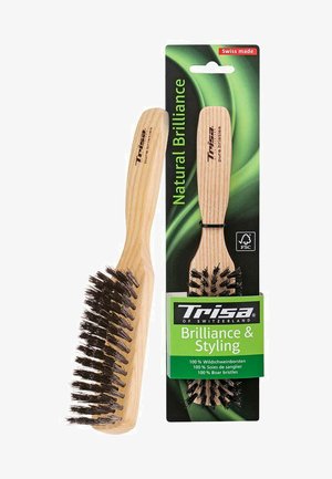 Spazzola per capelli in legno con manico ergonomico leggero. Presenta setole di cinghiale e una scheda di imballaggio con accenti verdi e neri, etichettata "Brilliance & Styling."