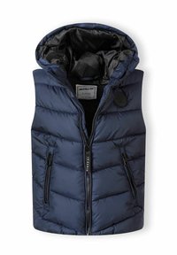 Mörkblå pufferväst med huva, med horisontellt kviltat mönster, framsida med dragkedja, två fickor med dragkedja och en rund logotypplatta. Foder är svart.