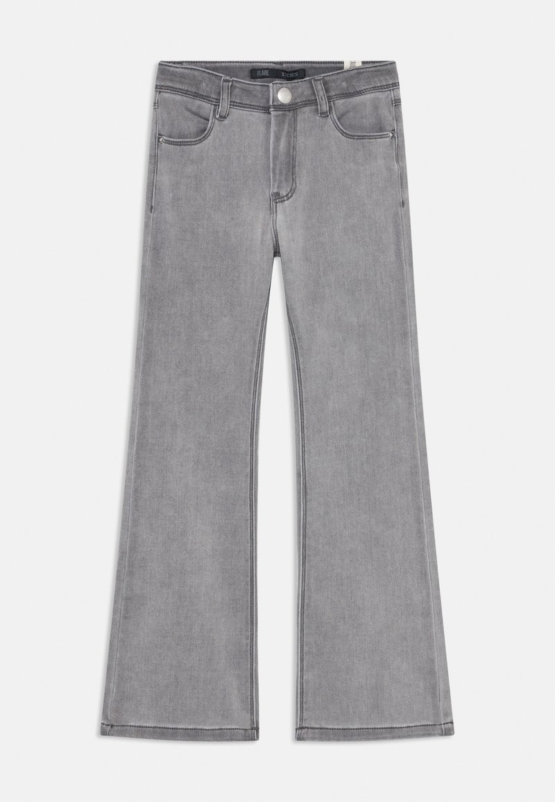 Grå utsvingte jeans med fem lommer, knapp åpning og kontraststing. Stoffet har en glatt tekstur og en lett falmet overflate.