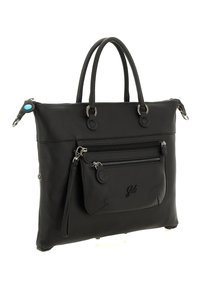 Borsa a mano in pelle nera con due manici corti. Presenta una tasca frontale con cerniera e un bottone decorativo blu. Finitura testurizzata e dettagli in metallo argentato.