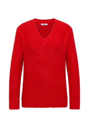 Rød V-hals sweater lavet af tekstureret strik. Ribbet kant og manchetter. Lange ærmer med afslappet pasform. Enkel og klassisk design.