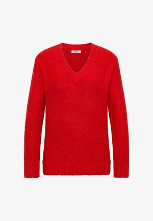 Maglione rosso a V in tessuto lavorato a maglia. Orlo e polsini a coste. Maniche lunghe con vestibilità rilassata. Design semplice e classico.