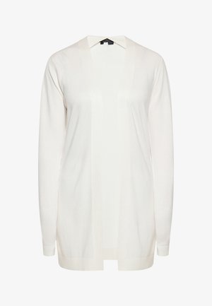 Könnyű, nyitott elülső kardigán krémszínben. V-alakú nyakkivágással, hosszú ujjakkal és bordázott mandzsettákkal rendelkezik. Puha tapintású, minimális dizájn részletekkel.