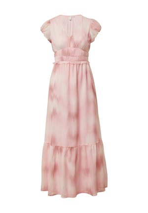 Midi-Kleid in Pink mit Batikmuster; hat kurze Puffärmel, ein tailliertes Oberteil und einen Rüschensaum. Hergestellt aus leichtem Stoff.