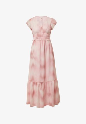 Robe midi en rose avec un motif tie-dye ; avec des manches courtes bouffantes, un corsage ajusté et un ourlet volanté. Fabriquée en tissu léger.