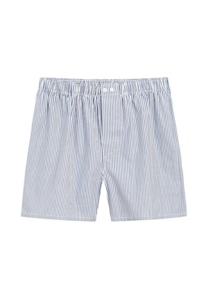 Boxer bianchi da uomo con sottili righe verticali blu navy e vita elastica con due bottoni bianchi sul davanti.