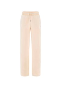 Helle beige Jogginghose mit einem Kordelzugbund, aus weichem Stoff gefertigt, mit glatter Textur und seitlichem Logodetail.