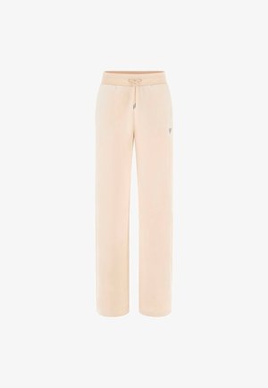 Jogging léger beige avec un cordon de serrage à la taille, fabriqué en tissu doux, présentant une texture lisse et un détail de logo sur les côtés.