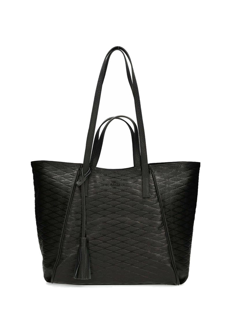 Zwarte lederen tote bag met een geperst diamanten patroon, twee lange handvatten en een zijtassel. Ruimtelijk ontwerp met een gestructureerde afwerking.