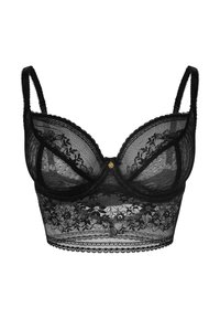Black lace bralette with sheer cups, floral embroidery, and scalloped trim. Features adjustable straps and a central gold accent.
